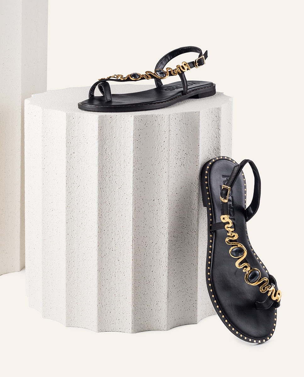 Sandalia plana de mujer en piel con detalle piedras - Makis Kotris - Negro Negro-2