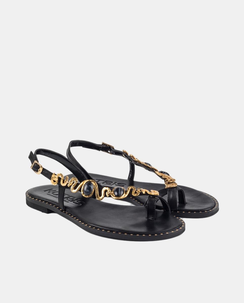 Sandalia plana de mujer en piel con detalle piedras - Makis Kotris - Negro Negro-3