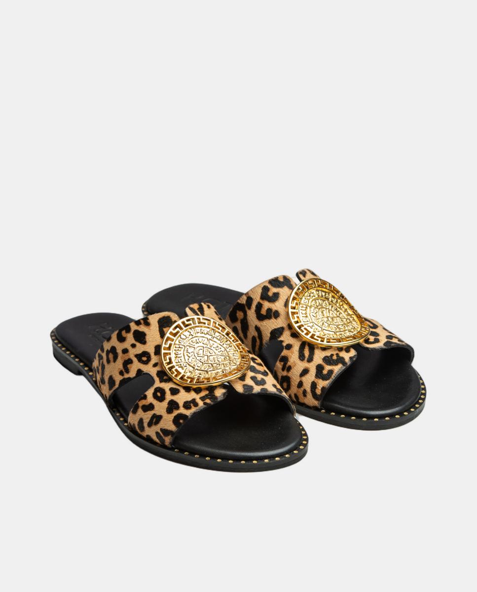 Sandálias Rasas com Animal Print e Detalhe Dourado Castanho-claro-2