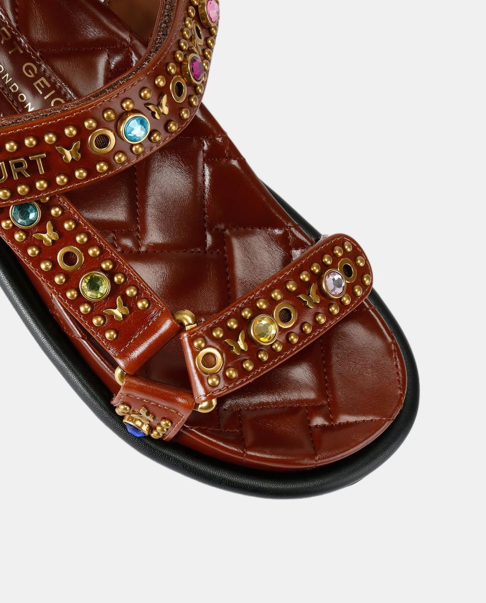 Sandálias Rasas em Pele com Fecho de Velcro Castanho-4