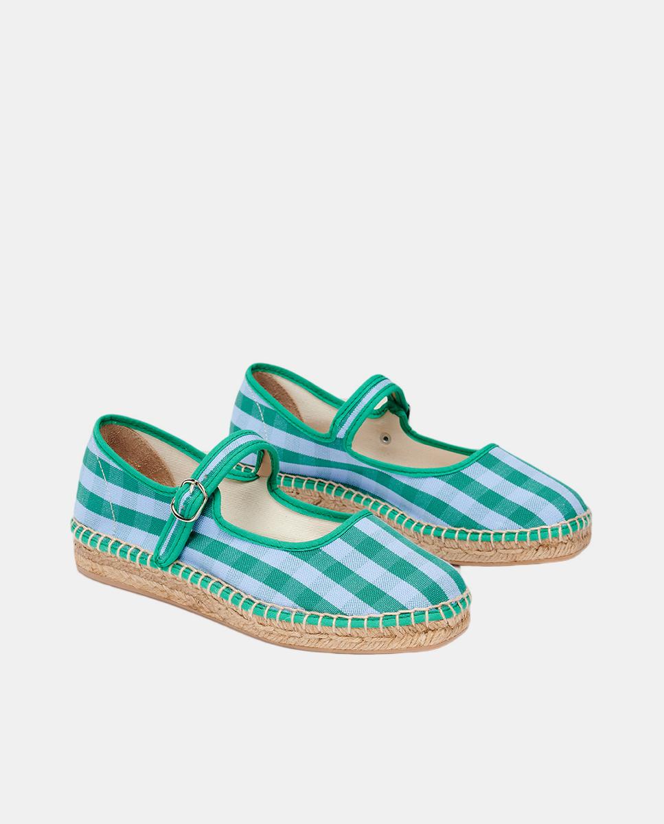 Alpercatas Rasas Estilo Sapatos de Presilha aos Quadrados Verde-2