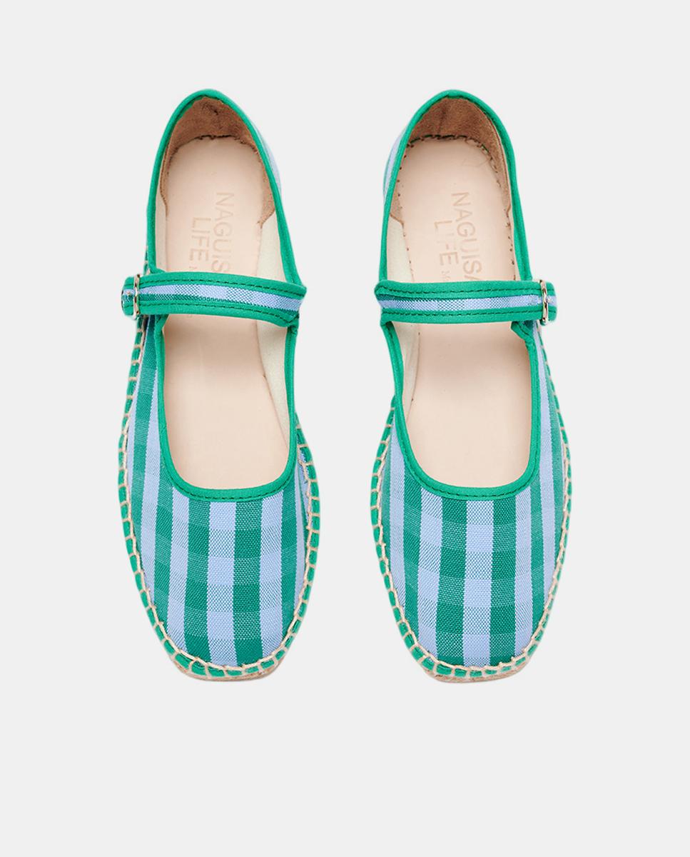 Alpercatas Rasas Estilo Sapatos de Presilha aos Quadrados Verde-3