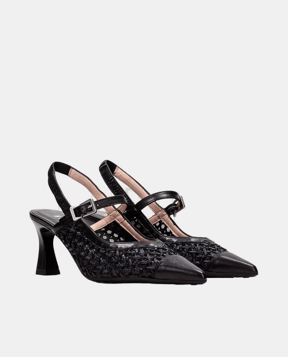 Zapatos mujer merceditas de tacón destalonados en piel y rafia al tono - Hispanitas - Negro Negro-2