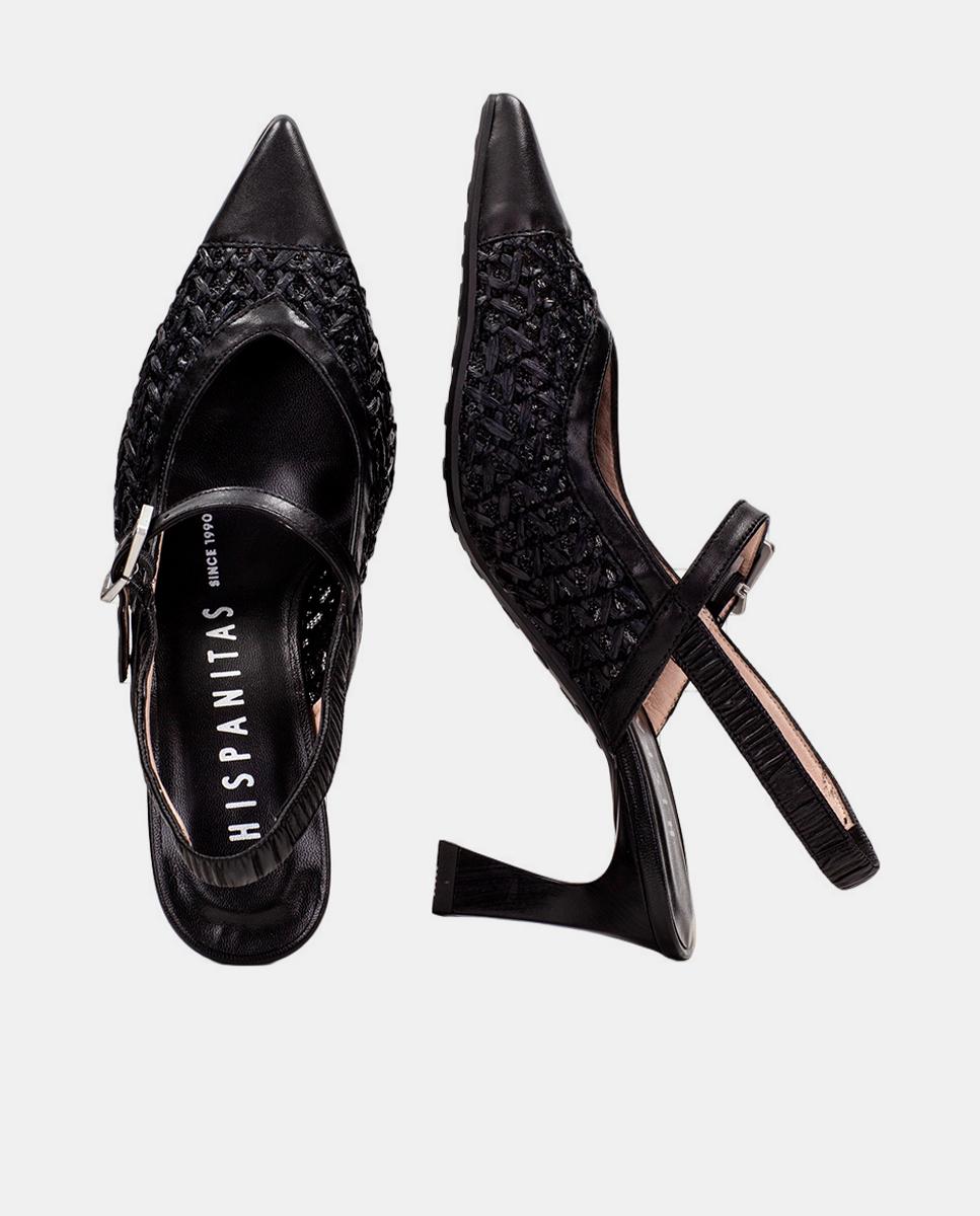 Zapatos mujer merceditas de tacón destalonados en piel y rafia al tono - Hispanitas - Negro Negro-4