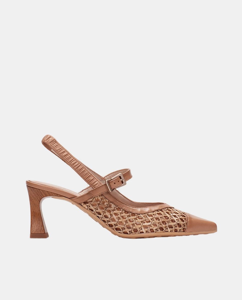 Imagem 0 de Sapatos de Presilha Tipo Mules com Salto em Pele e Ráfia a Condizer