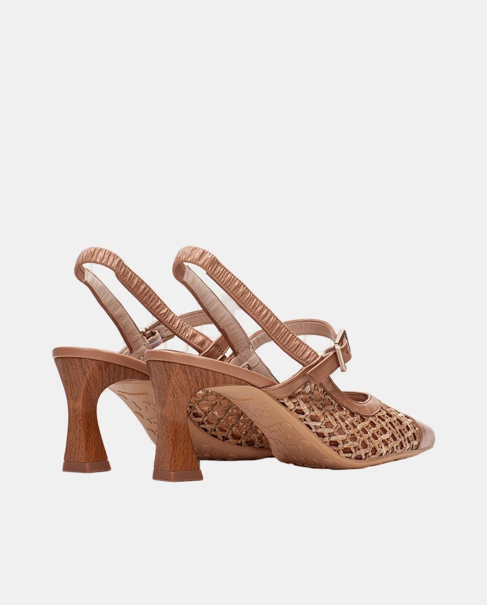 Sapatos de Presilha Tipo Mules com Salto em Pele e Ráfia a Condizer Castanho Suave-3