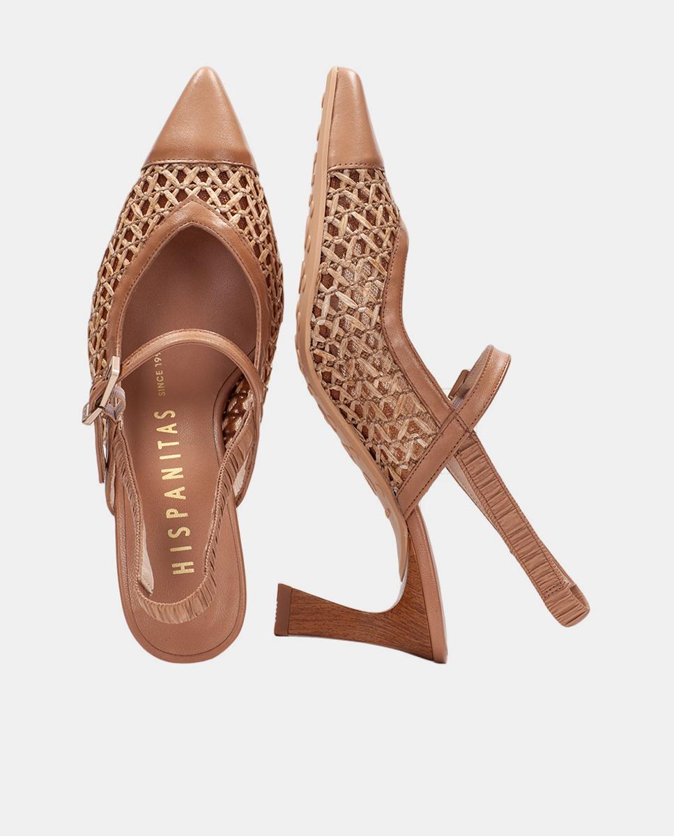 Sapatos de Presilha Tipo Mules com Salto em Pele e Ráfia a Condizer Castanho Suave-4