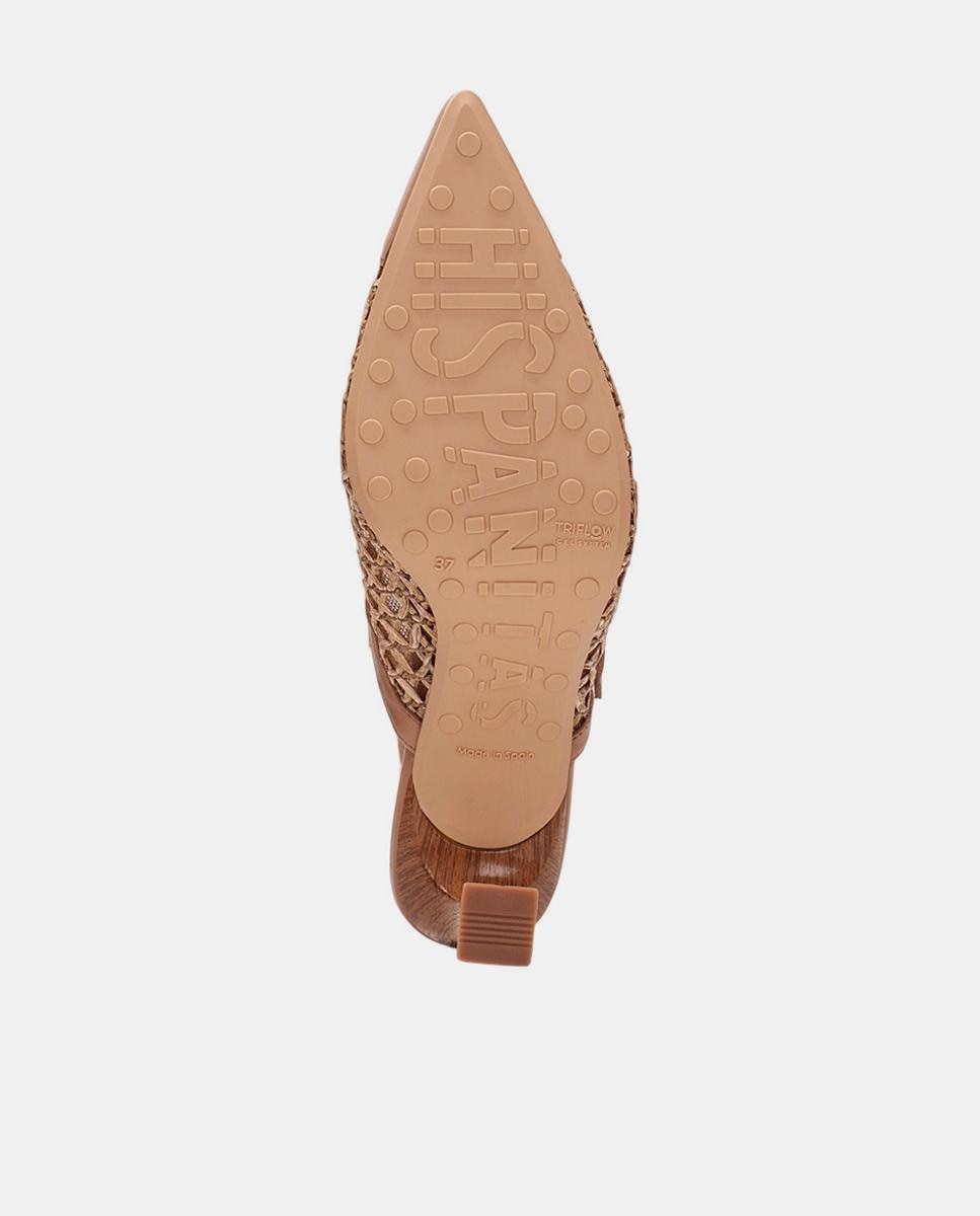 Sapatos de Presilha Tipo Mules com Salto em Pele e Ráfia a Condizer Castanho Suave-5