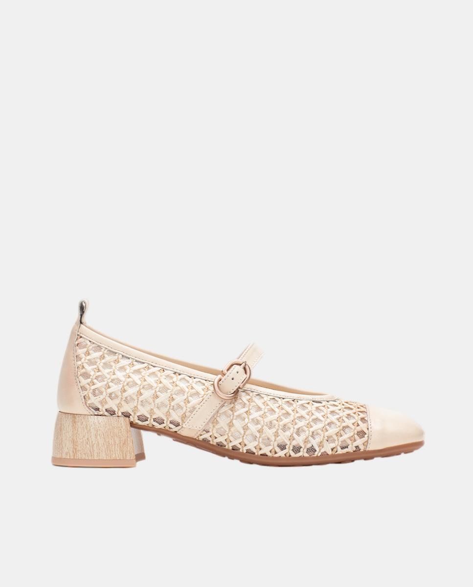 Hispanitas - Zapatos mujer merceditas de tacón en piel y rafia al tono.