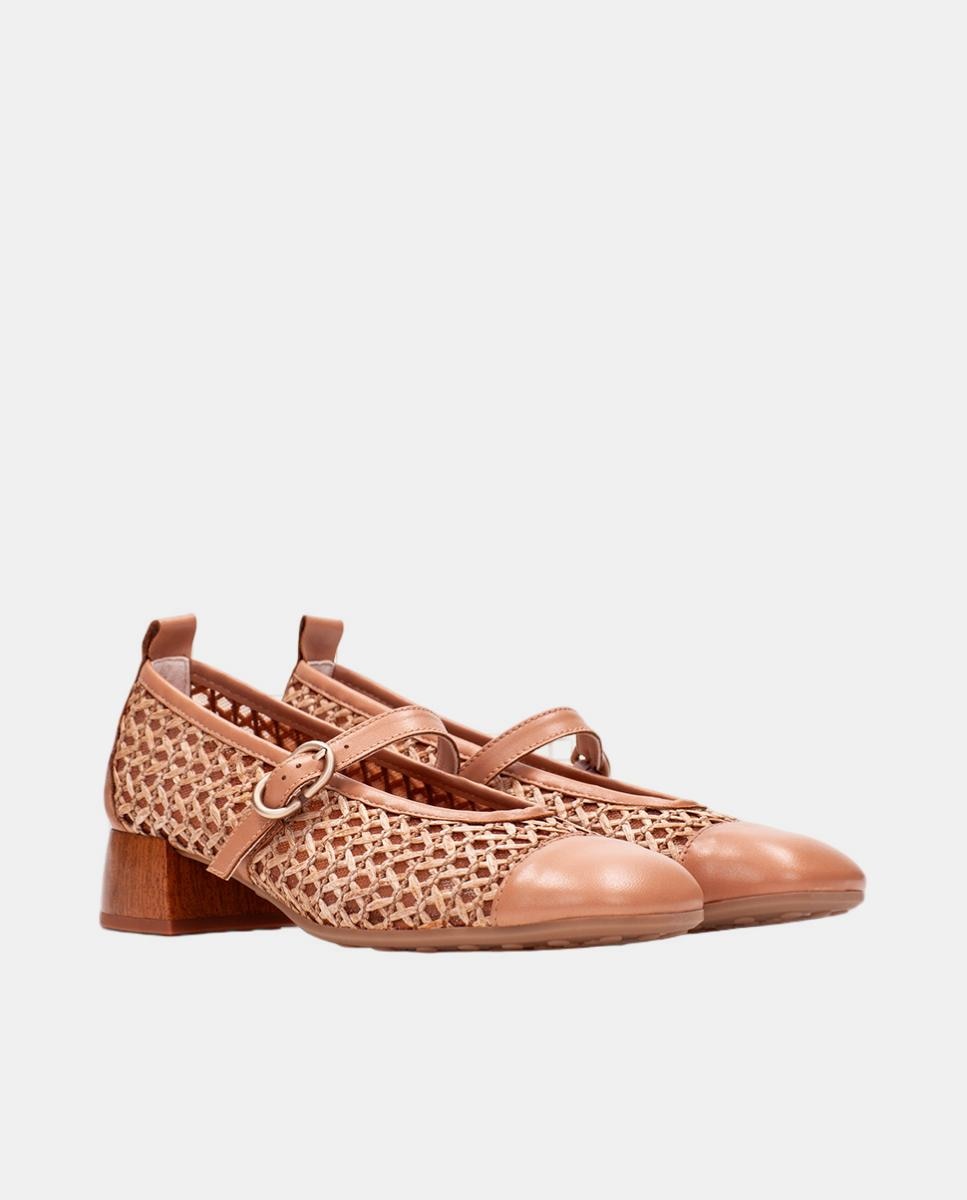 Sapatos de Presilha com Salto em Pele e Ráfia a Condizer Castanho-claro-2