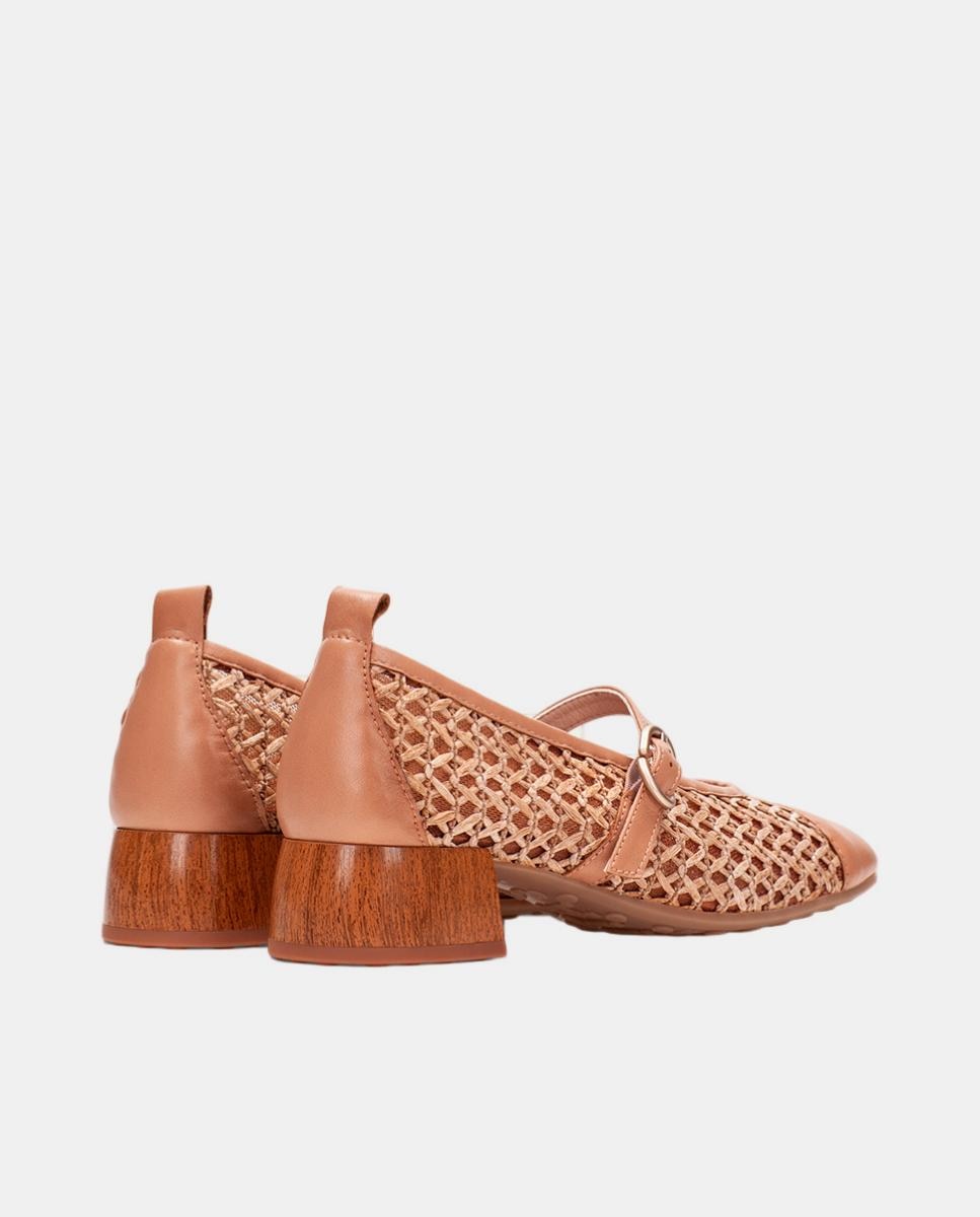 Sapatos de Presilha com Salto em Pele e Ráfia a Condizer Castanho-claro-3