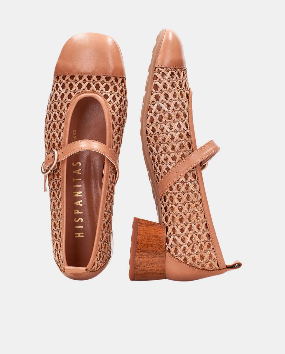 Sapatos de Presilha com Salto em Pele e Ráfia a Condizer Castanho-claro-4