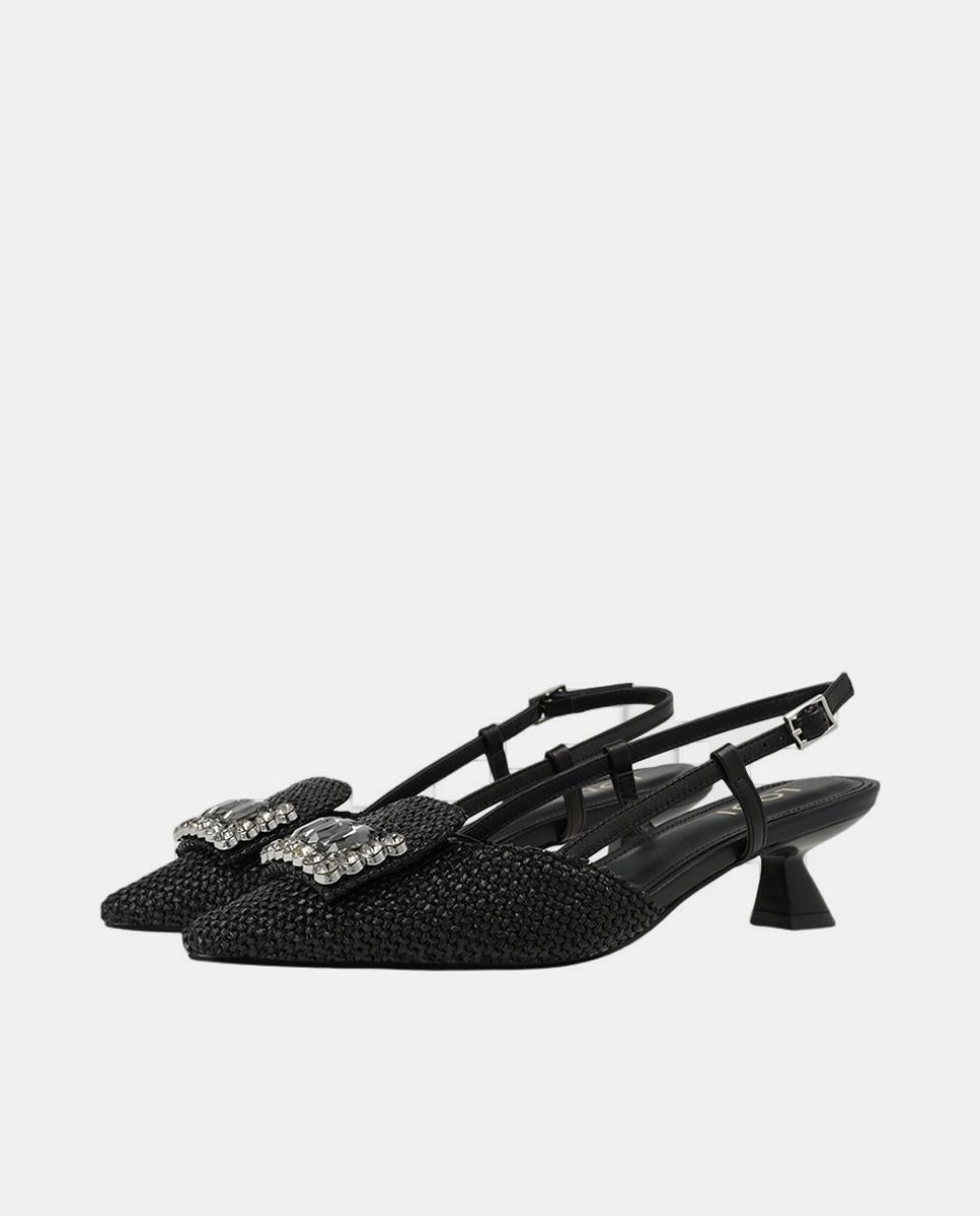 Sapatos de Ráfia e Pele Tipo Napa Elegante - Preto Preto-2
