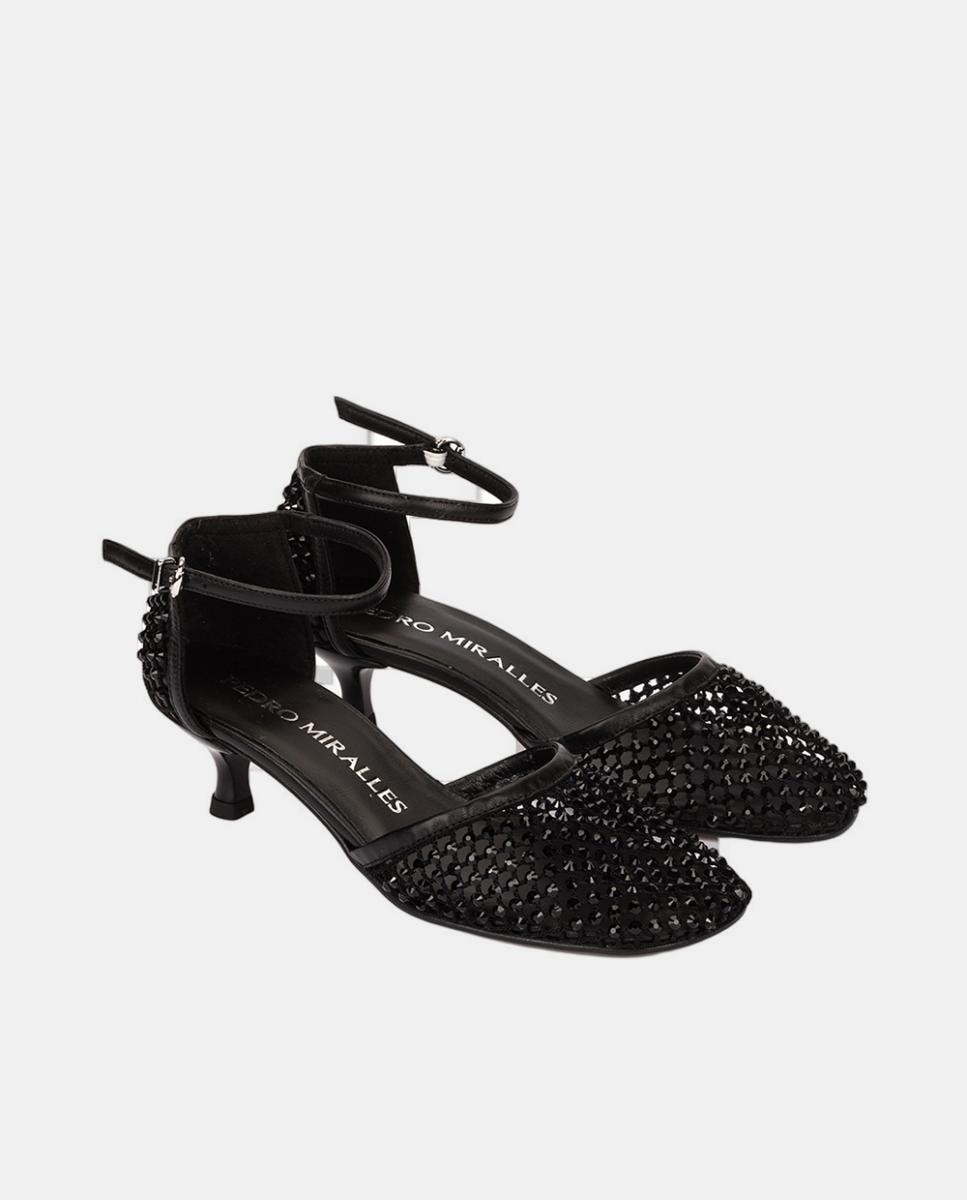 Sapatos de Salto em Pele e Rede com Brilho Preto-2