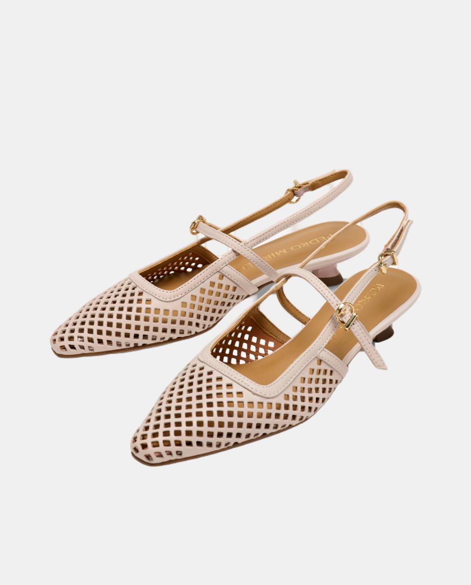 Sapatos de Salto Tipo Mules em Pele Perfurada Rosa Nude-2
