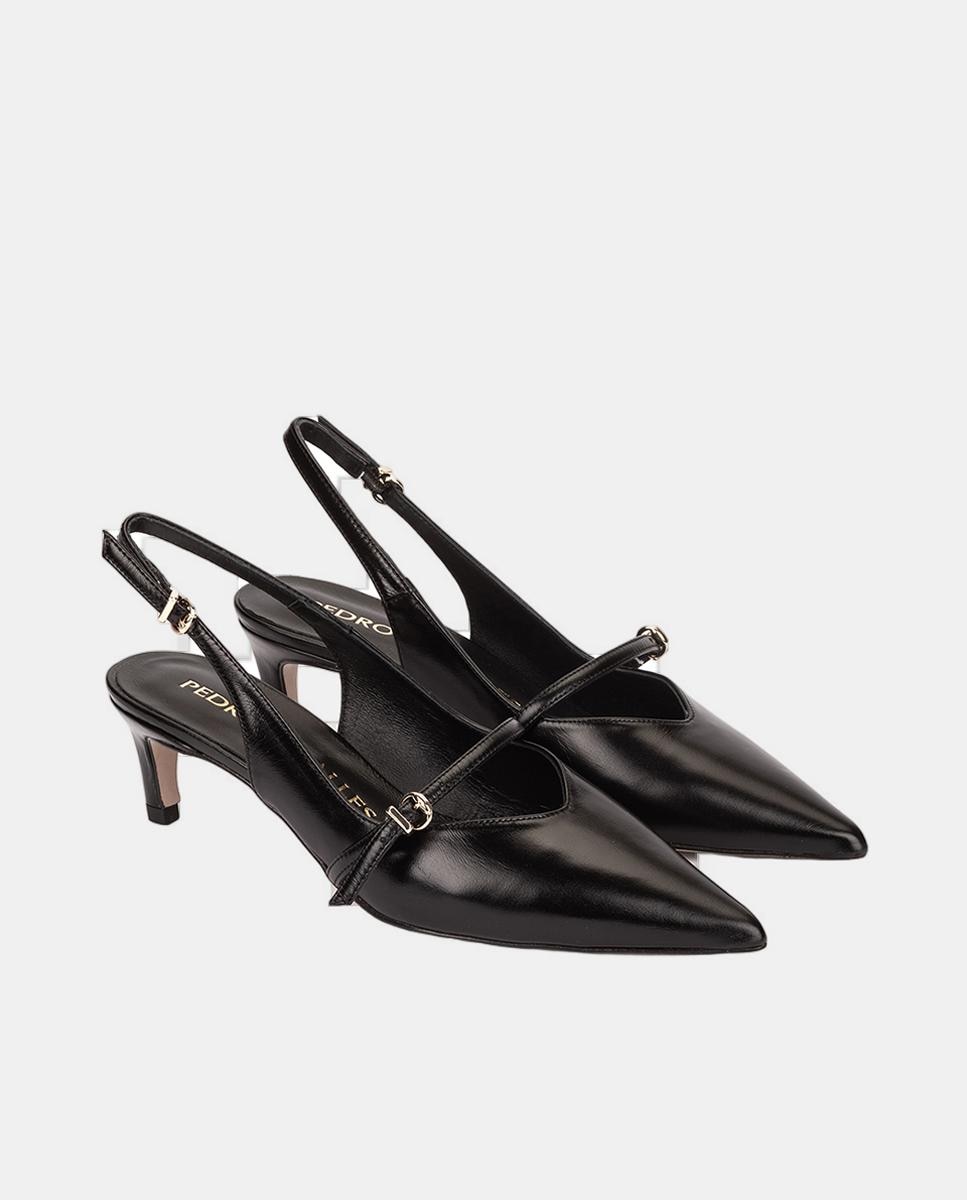 Sapatos de Salto Tipo Mules em Pele com Fivela Preto-2