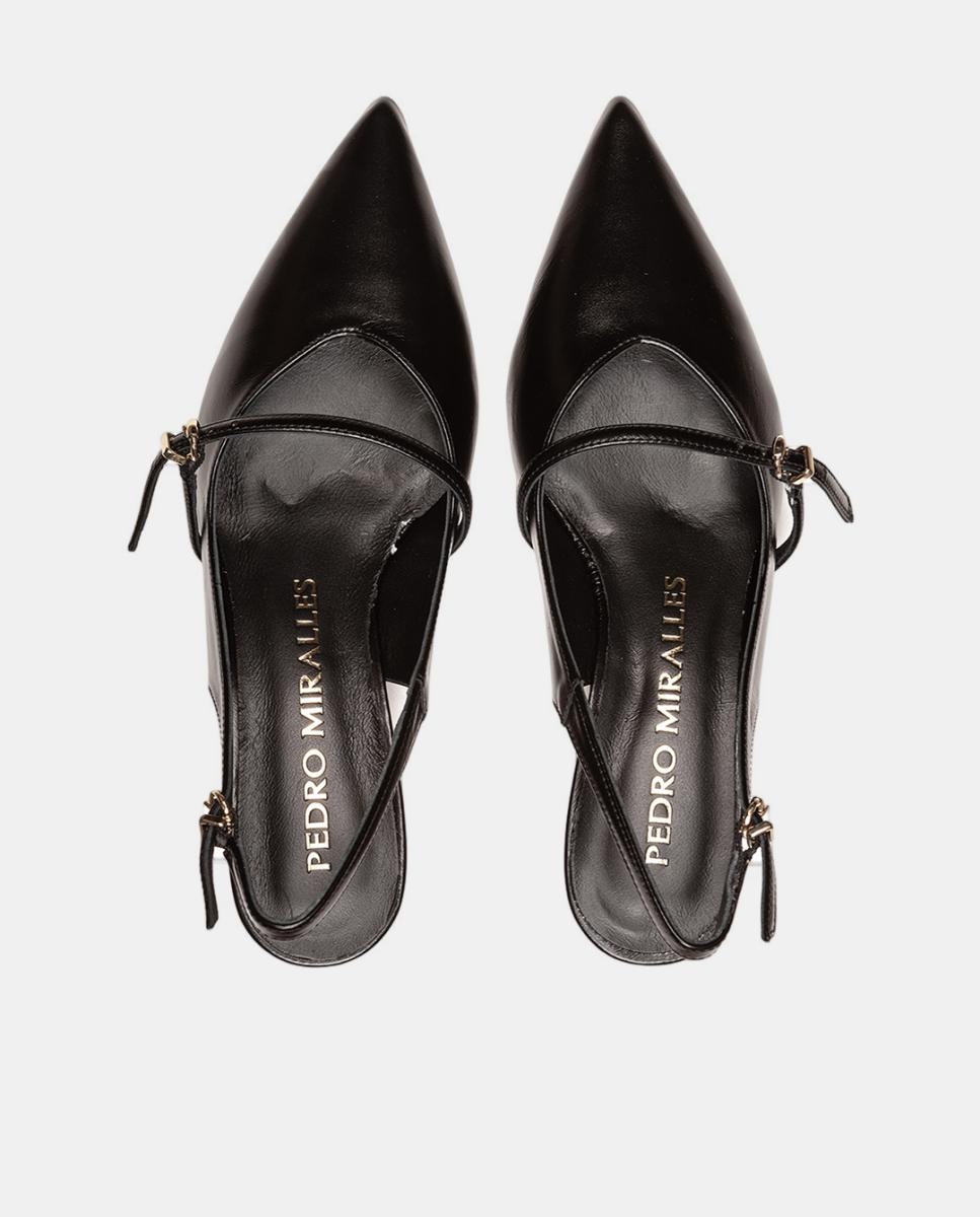 Sapatos de Salto Tipo Mules em Pele com Fivela Preto-3
