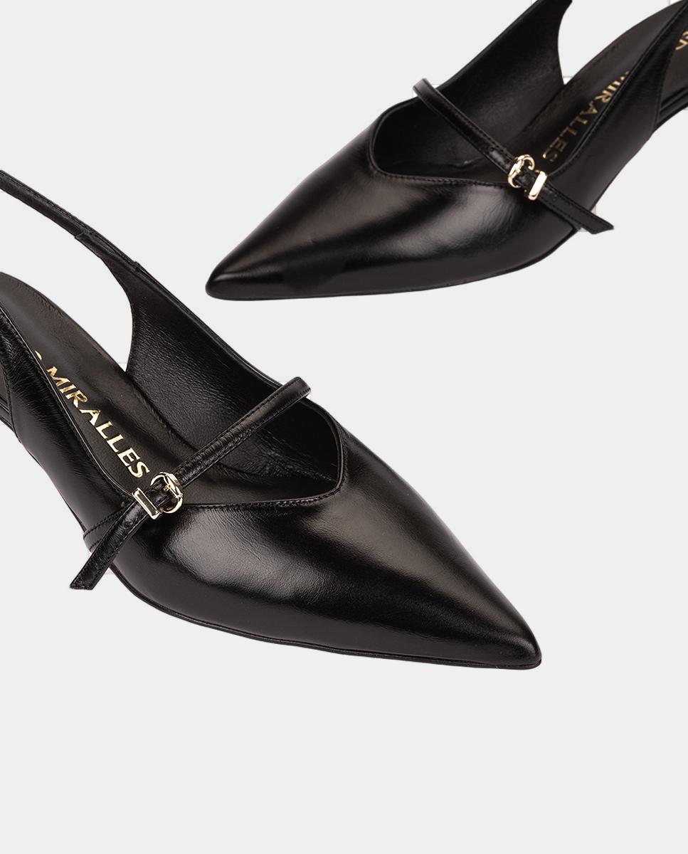 Sapatos de Salto Tipo Mules em Pele com Fivela Preto-4