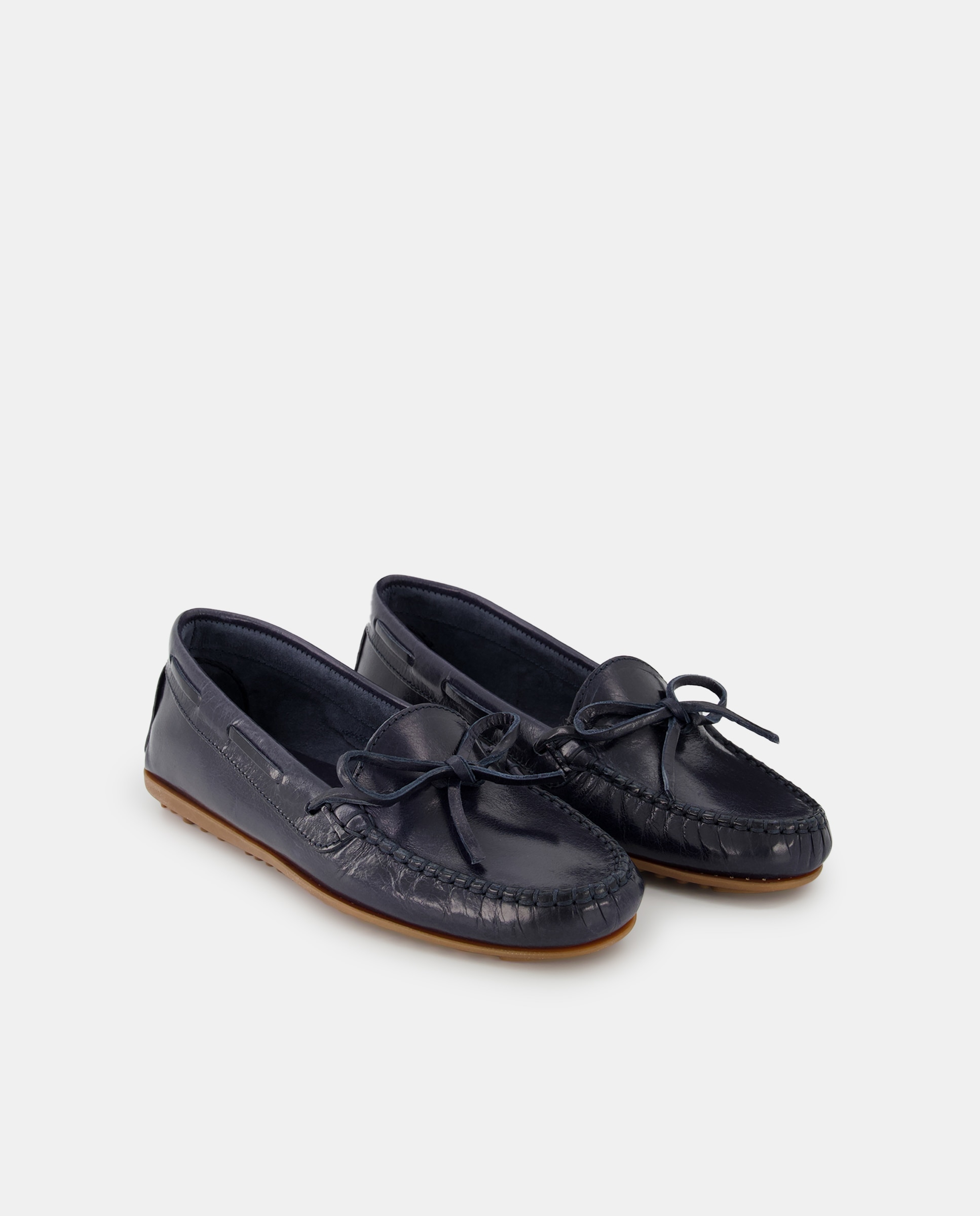 Mocassins com Adorno de Laço, Sola de Borracha e em Pele Azul-marinho-2