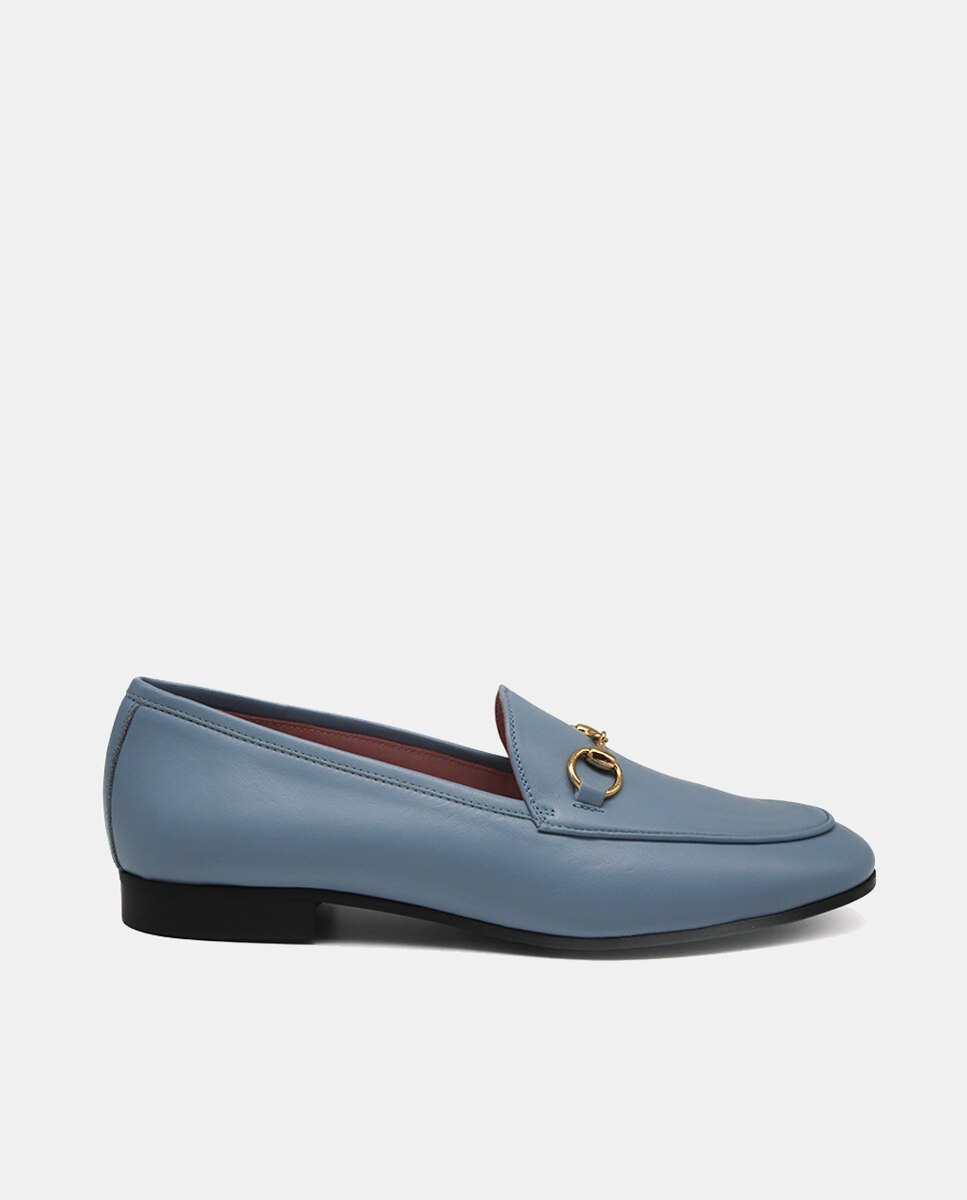 Mocassins em Pele com Estribo Dourado Azul-1