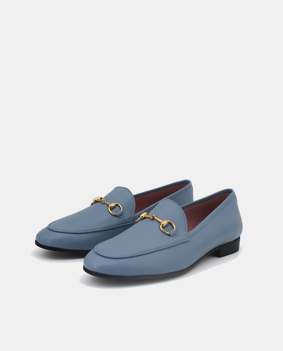 Mocassins em Pele com Estribo Dourado Azul-2