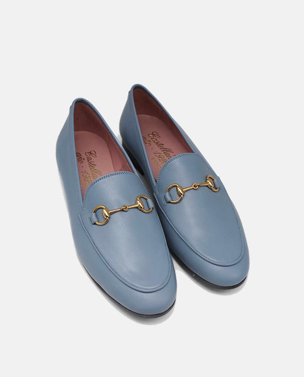 Mocassins em Pele com Estribo Dourado Azul-4