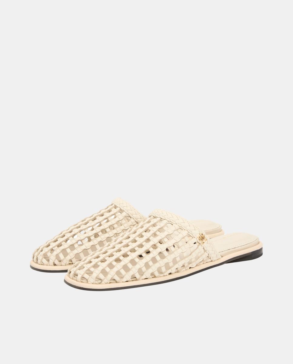 Sapatos Tipo Mules em Pele Entrançada Bege-4