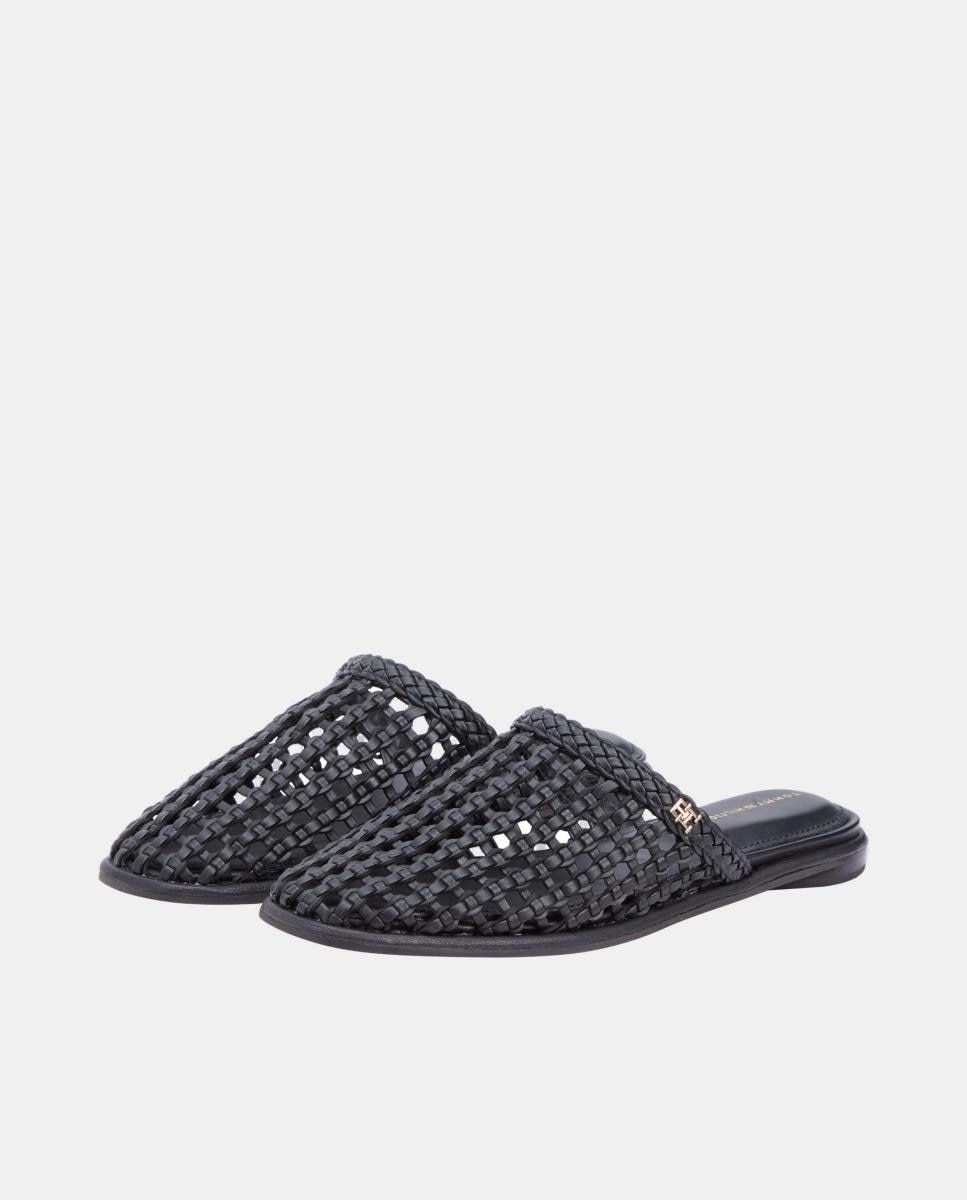 Sapatos Tipo Mules em Pele Entrançada Preto-4