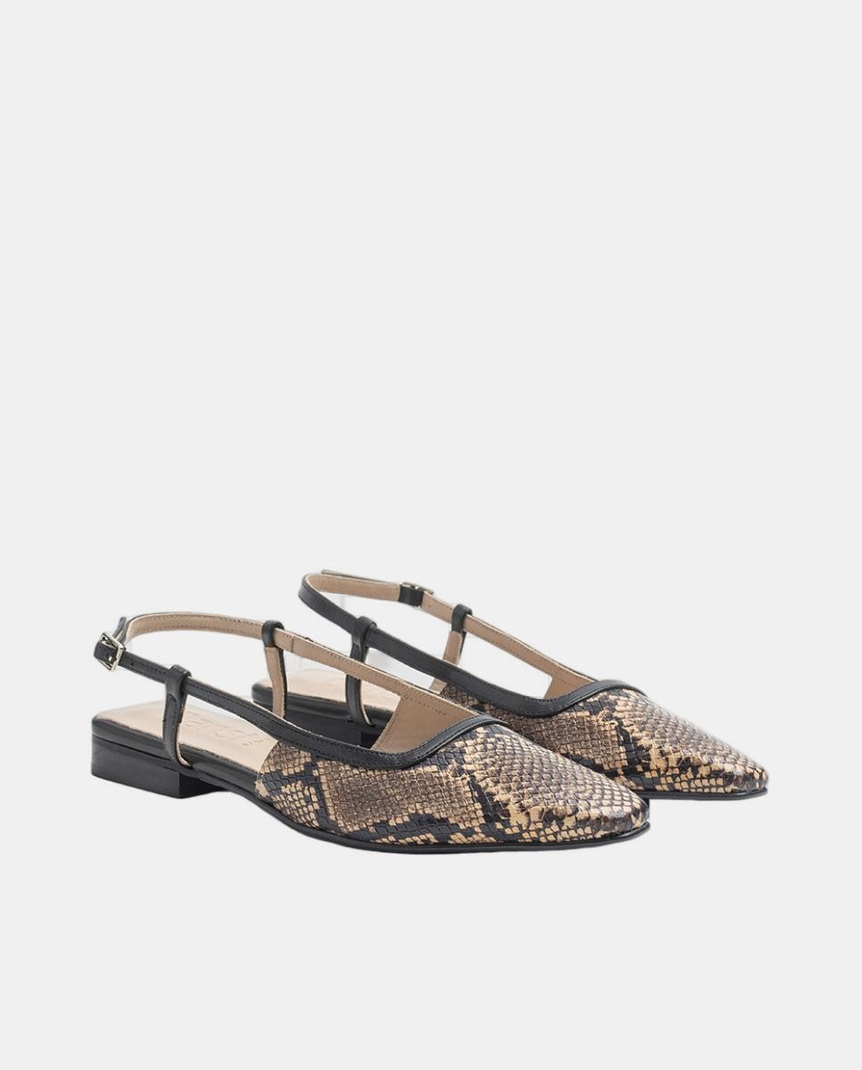 Sapatos Rasos Tipo Mules em Pele com Efeito Cobra Castanho taupe-2