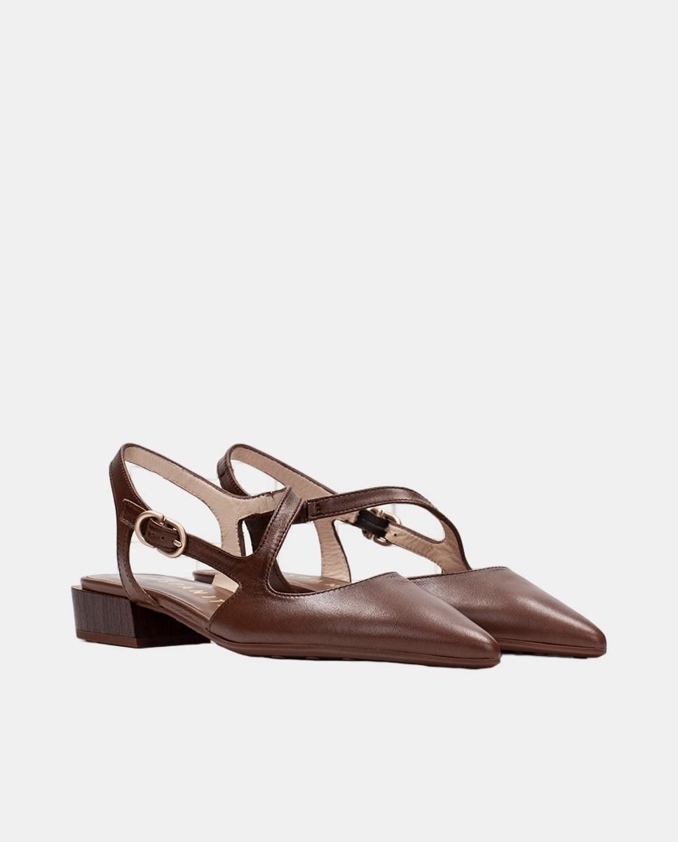 Sapatos Rasos em Pele com Tira no Peito do Pé Castanho-escuro-2