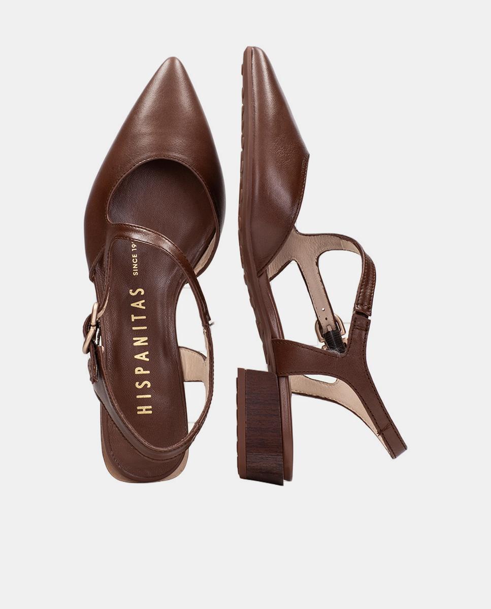 Sapatos Rasos em Pele com Tira no Peito do Pé Castanho-escuro-4