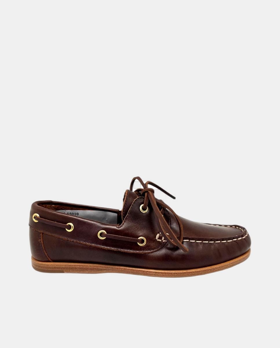 Náutico de mujer en piel vacuno engrasado con cordones y suela de cuero - Castellano - Marrón chocolate Marrón chocolate-1