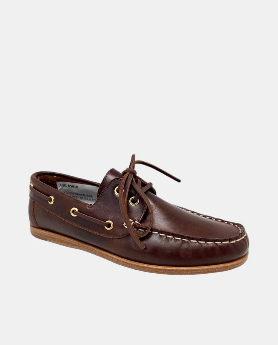 Náutico de mujer en piel vacuno engrasado con cordones y suela de cuero - Castellano - Marrón chocolate Marrón chocolate-2