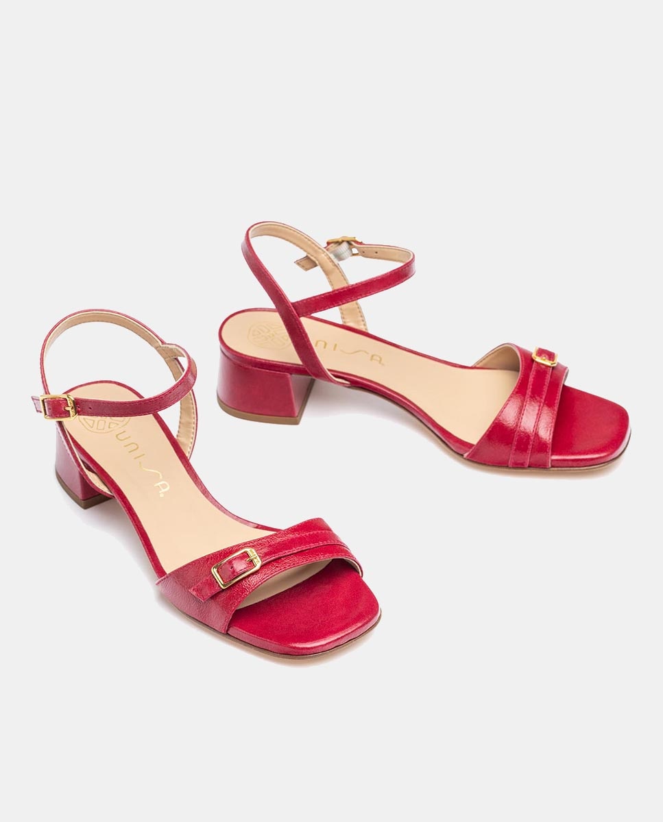 Sandálias em Pele com Salto de Bloco Vermelho-cereja-2