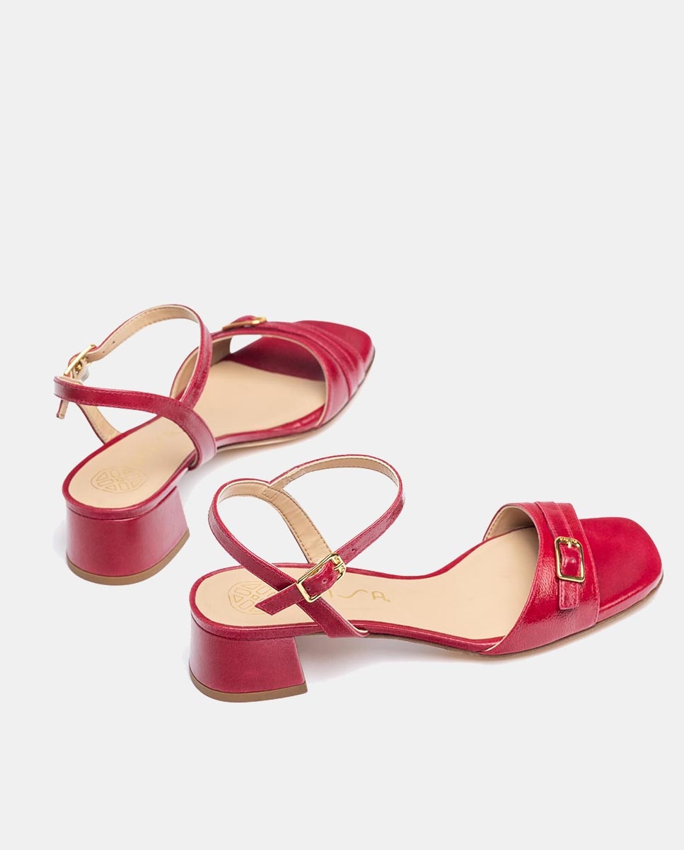 Sandálias em Pele com Salto de Bloco Vermelho-cereja-3