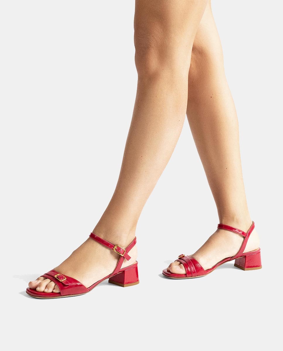 Sandálias em Pele com Salto de Bloco Vermelho-cereja-5