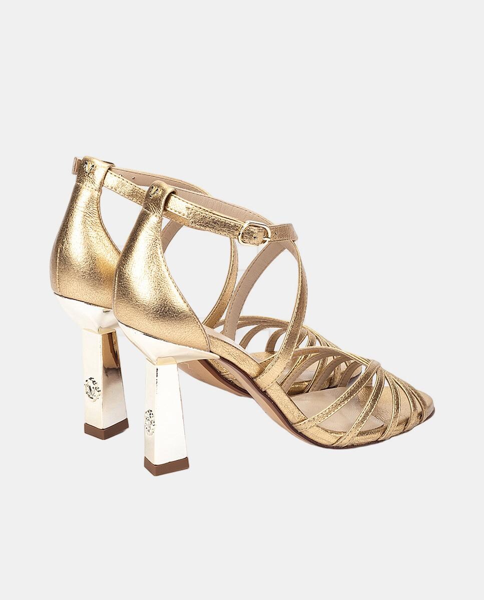 Sandálias em Pele com Tacão Ouro-3