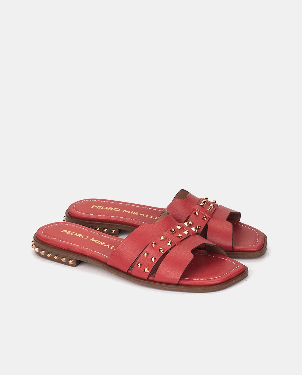 Sandálias Rasas em Pele com Tachas Vermelho-2