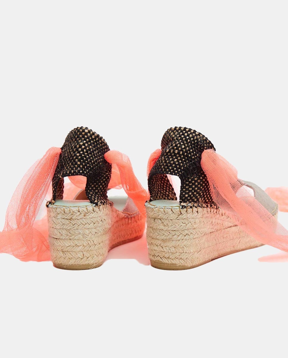 Alpercatas em Pele com Cunha de Tule Fluorescente Castanho taupe-2