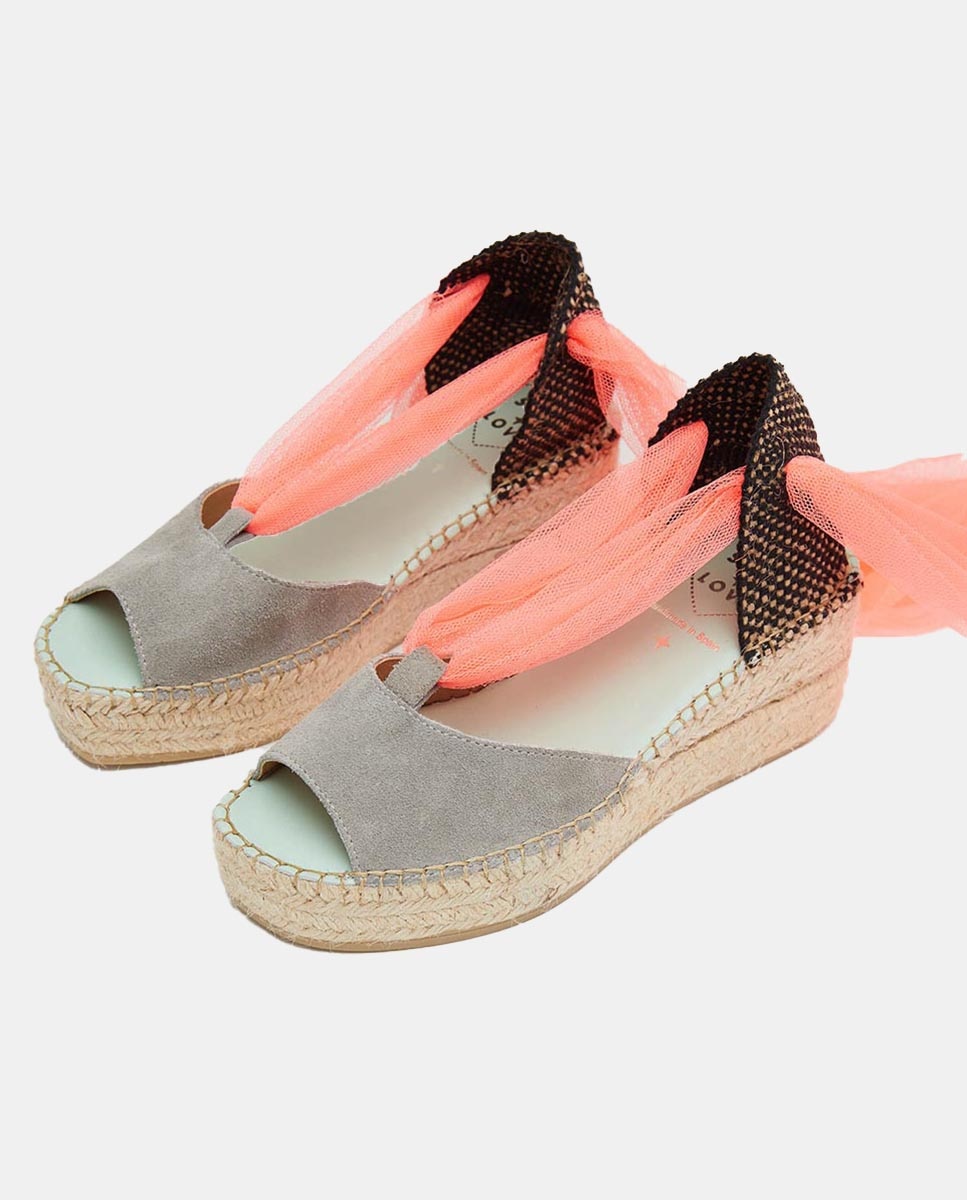Alpercatas em Pele com Cunha de Tule Fluorescente Castanho taupe-3