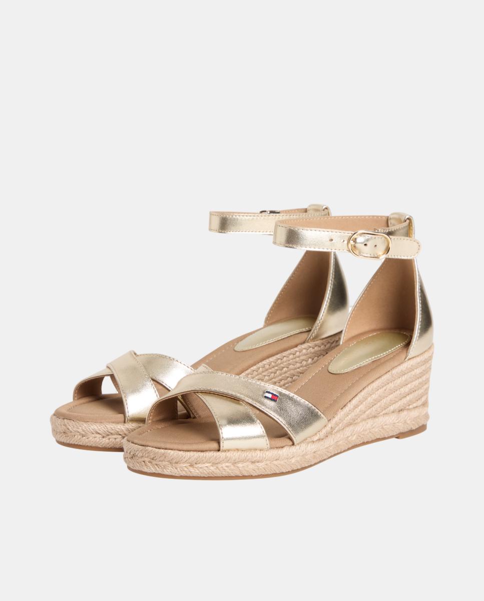 Sapatos de Cunha Cruzada de Juta de Algodão Ouro-3