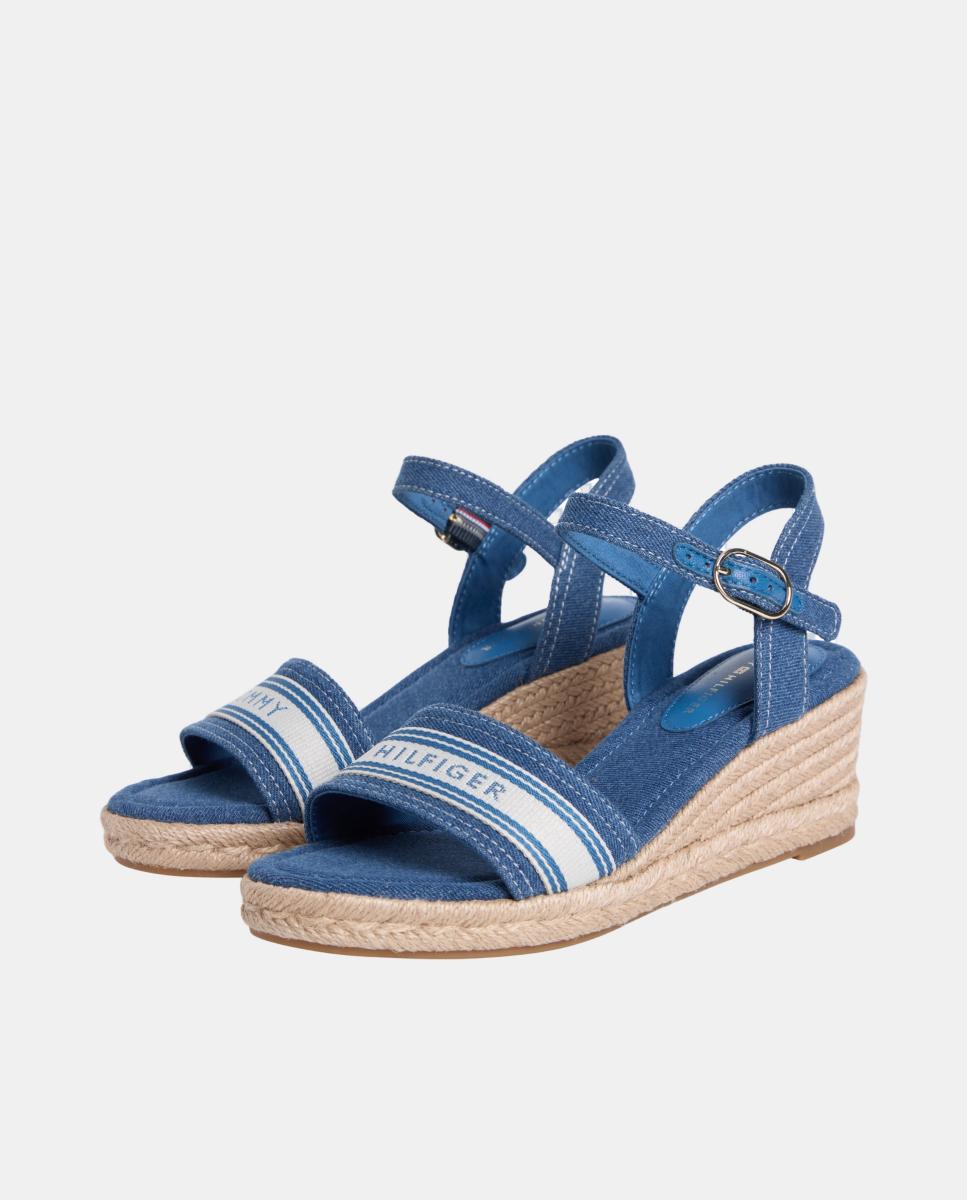 Sapatos de Cunha Médios de Juta de Algodão com Logótipo Azul denim-2