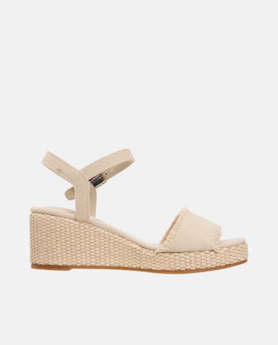Sapatos de Cunha Médios de Juta com Logótipo Dourado Bege-3