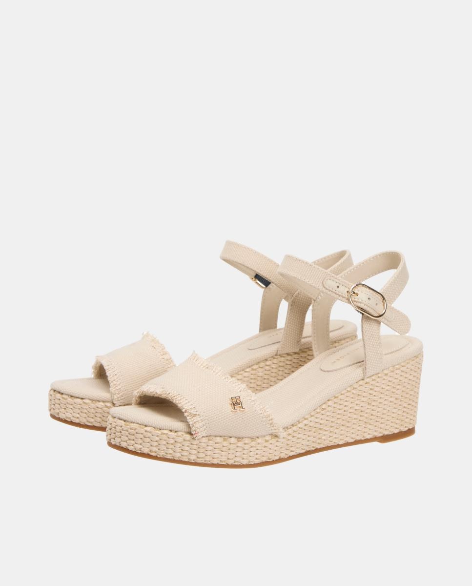 Sapatos de Cunha Médios de Juta com Logótipo Dourado Bege-4