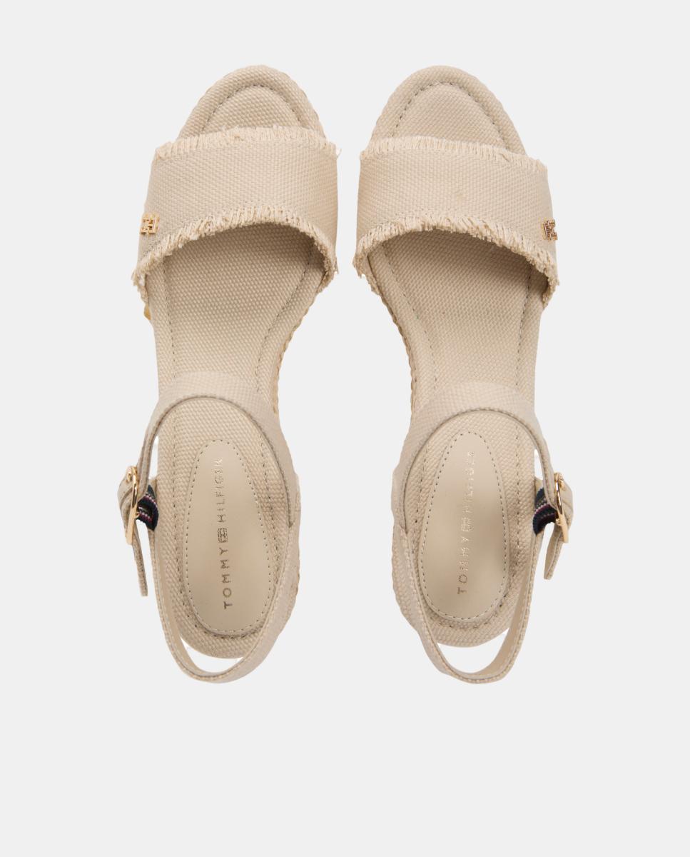 Sapatos de Cunha Médios de Juta com Logótipo Dourado Bege-5