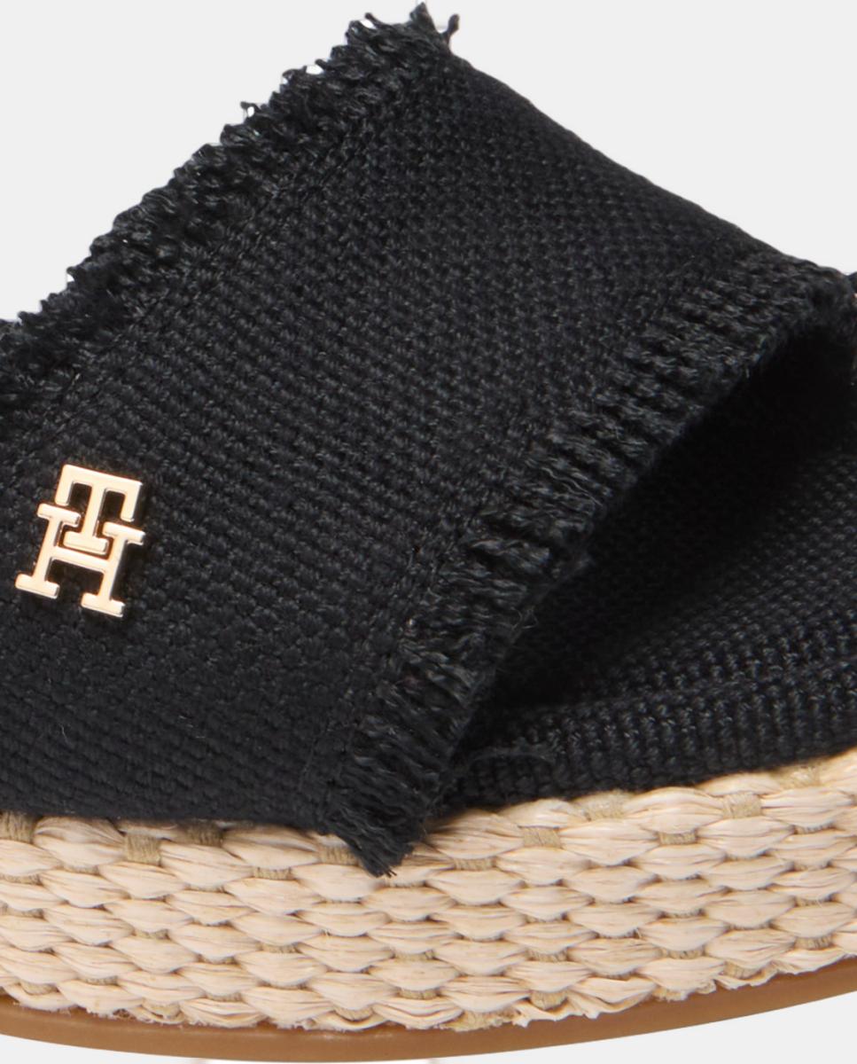 Sapatos de Cunha Médios de Juta com Logótipo Dourado Preto-2