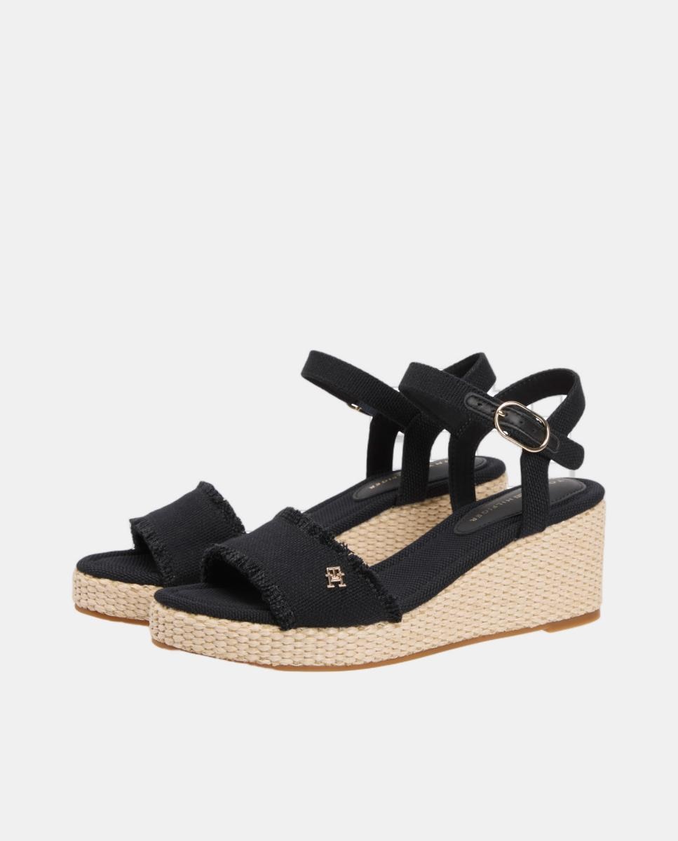 Sapatos de Cunha Médios de Juta com Logótipo Dourado Preto-4