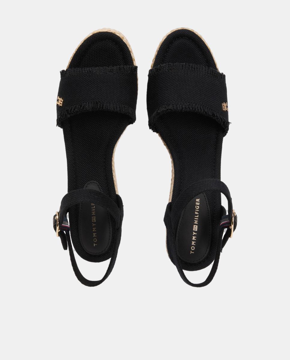 Sapatos de Cunha Médios de Juta com Logótipo Dourado Preto-5