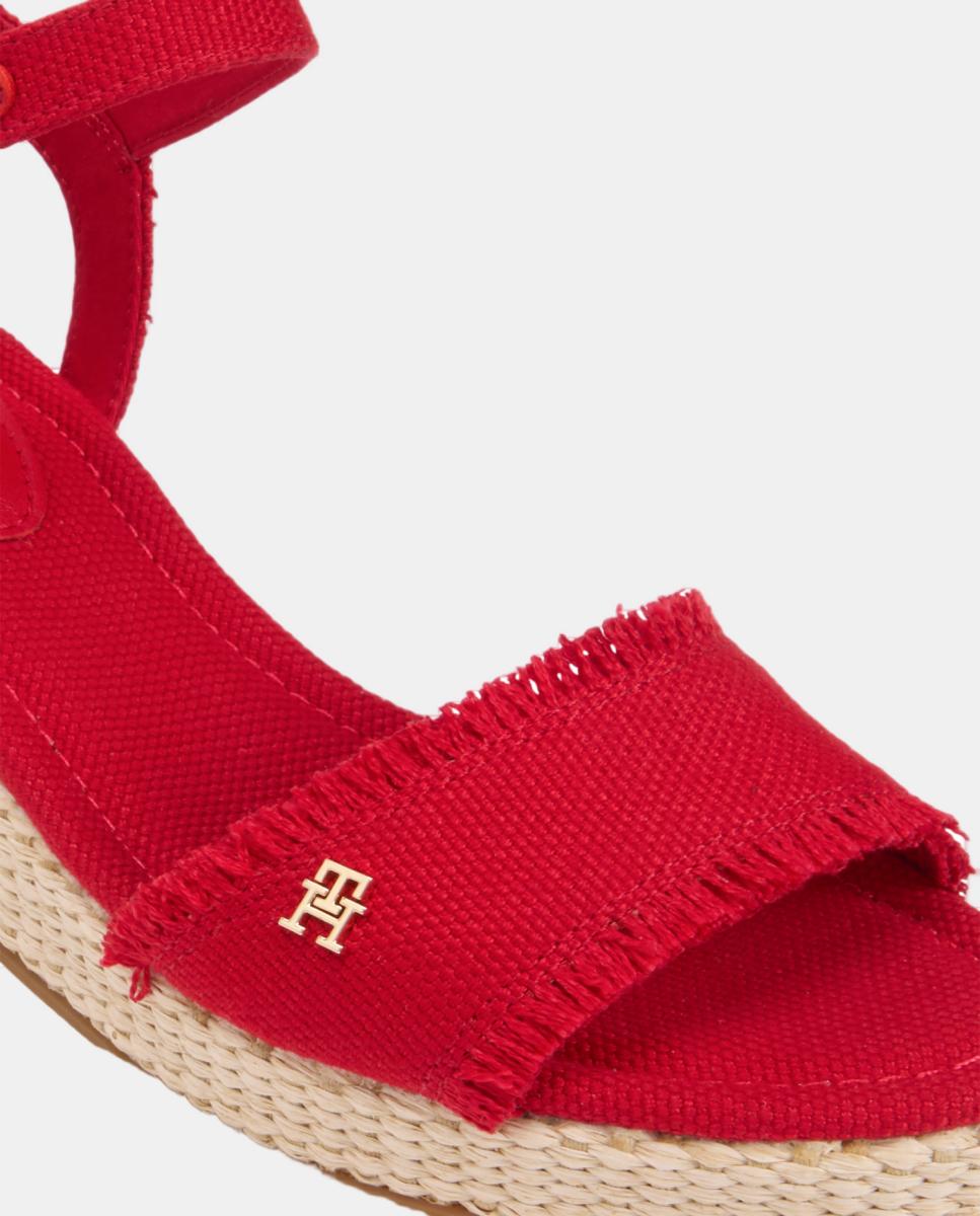 Sapatos de Cunha Médios de Juta com Logótipo Dourado Vermelho-2