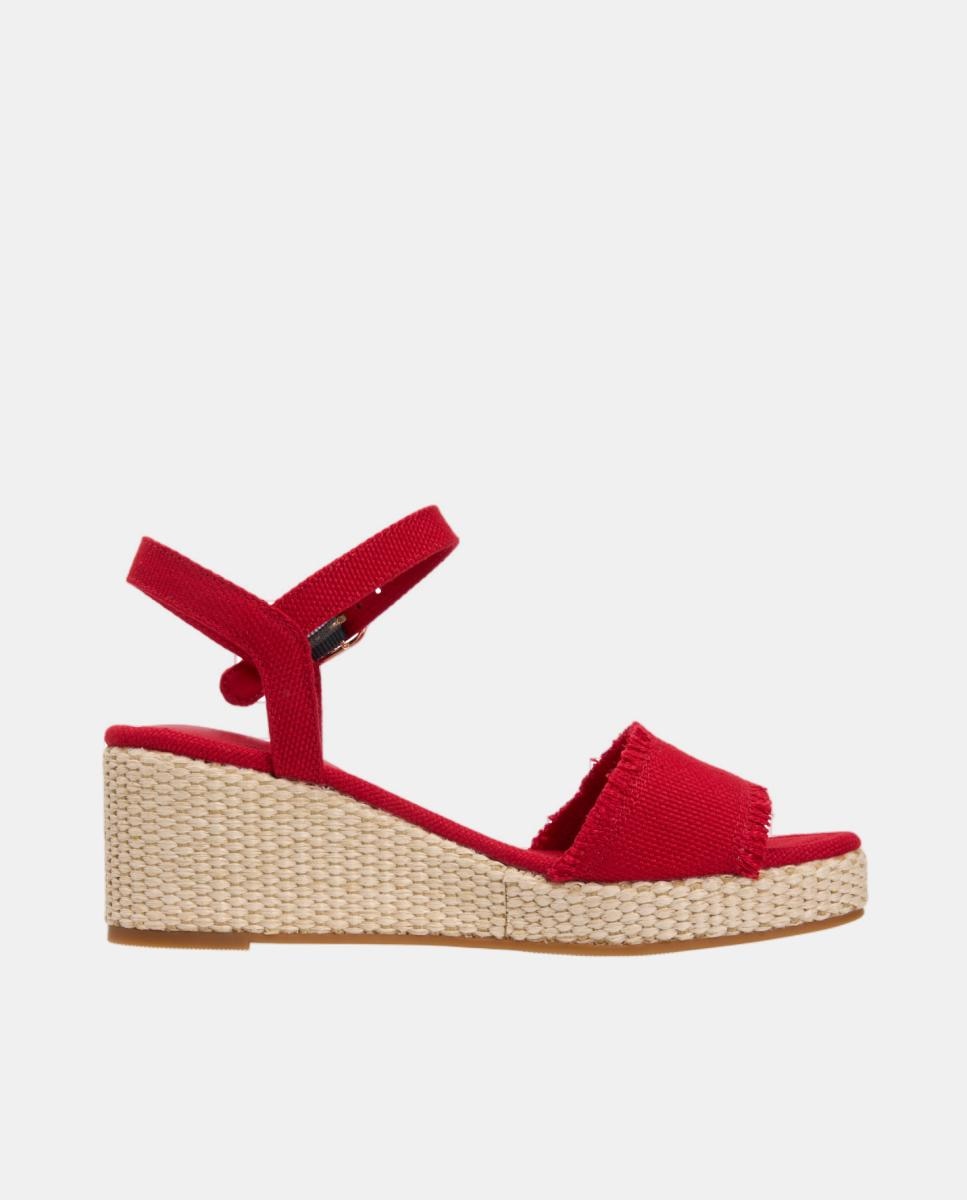 Sapatos de Cunha Médios de Juta com Logótipo Dourado Vermelho-3